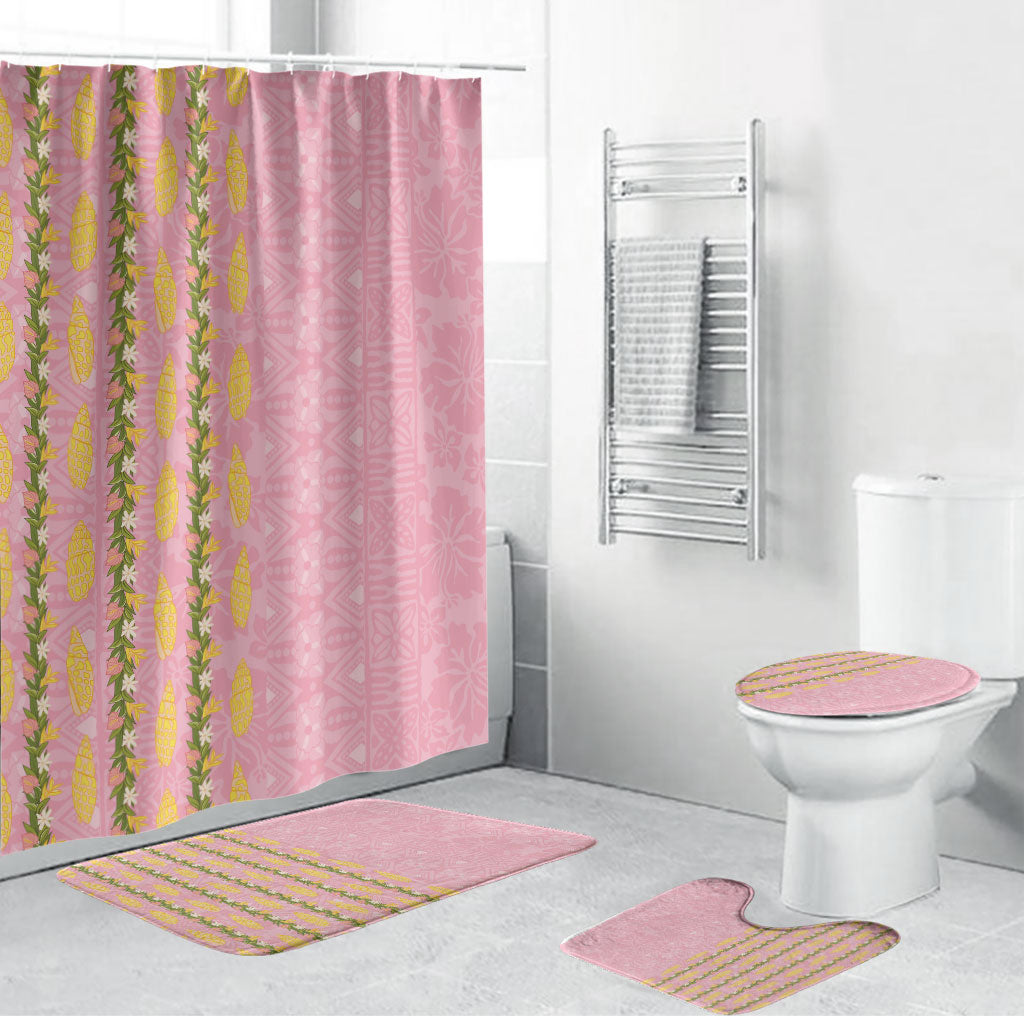 Hawaii Shell Tiare Anthurium Heliconia Lei Bathroom Set With Tapa Pattern Baby Pink LT05 Bathroom Set (4 pcs) Pink - Polynesian Pride