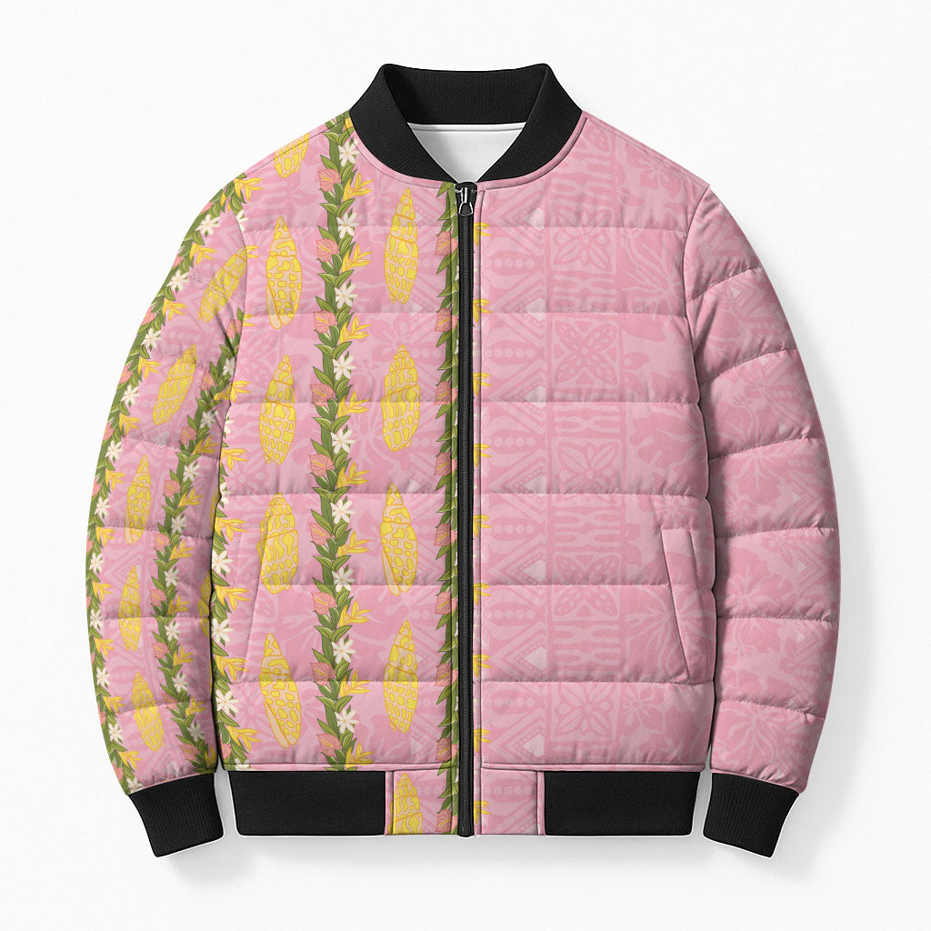 Hawaii Shell Tiare Anthurium Heliconia Lei Bomber Puffer Jacket With Tapa Pattern Baby Pink LT05 Unisex Pink - Polynesian Pride