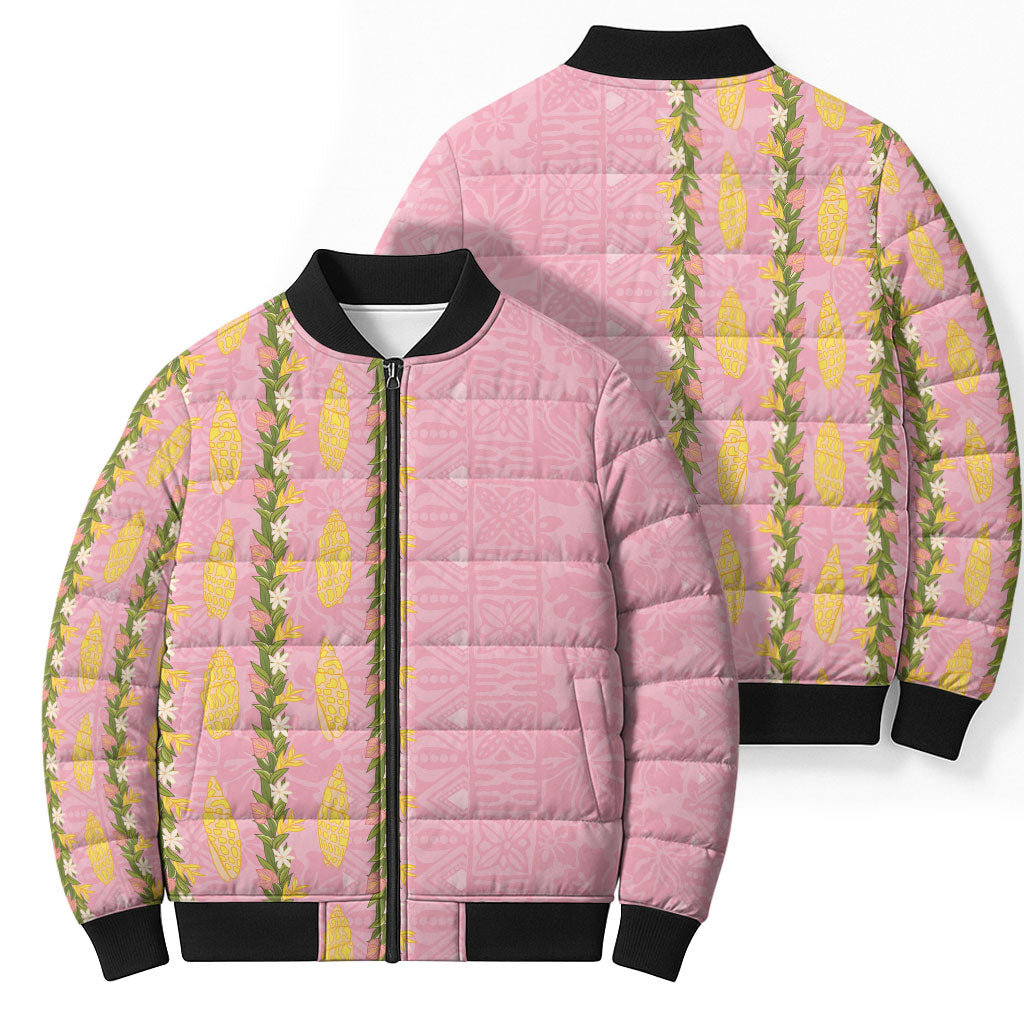Hawaii Shell Tiare Anthurium Heliconia Lei Bomber Puffer Jacket With Tapa Pattern Baby Pink