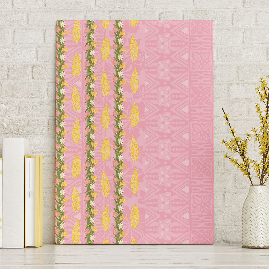 Hawaii Shell Tiare Anthurium Heliconia Lei Canvas Wall Art With Tapa Pattern Baby Pink LT05 Without Frame Pink - Polynesian Pride