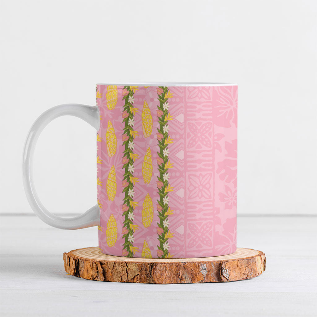 Hawaii Shell Tiare Anthurium Heliconia Lei Ceramic Mug With Tapa Pattern Baby Pink LT05 Pink - Polynesian Pride