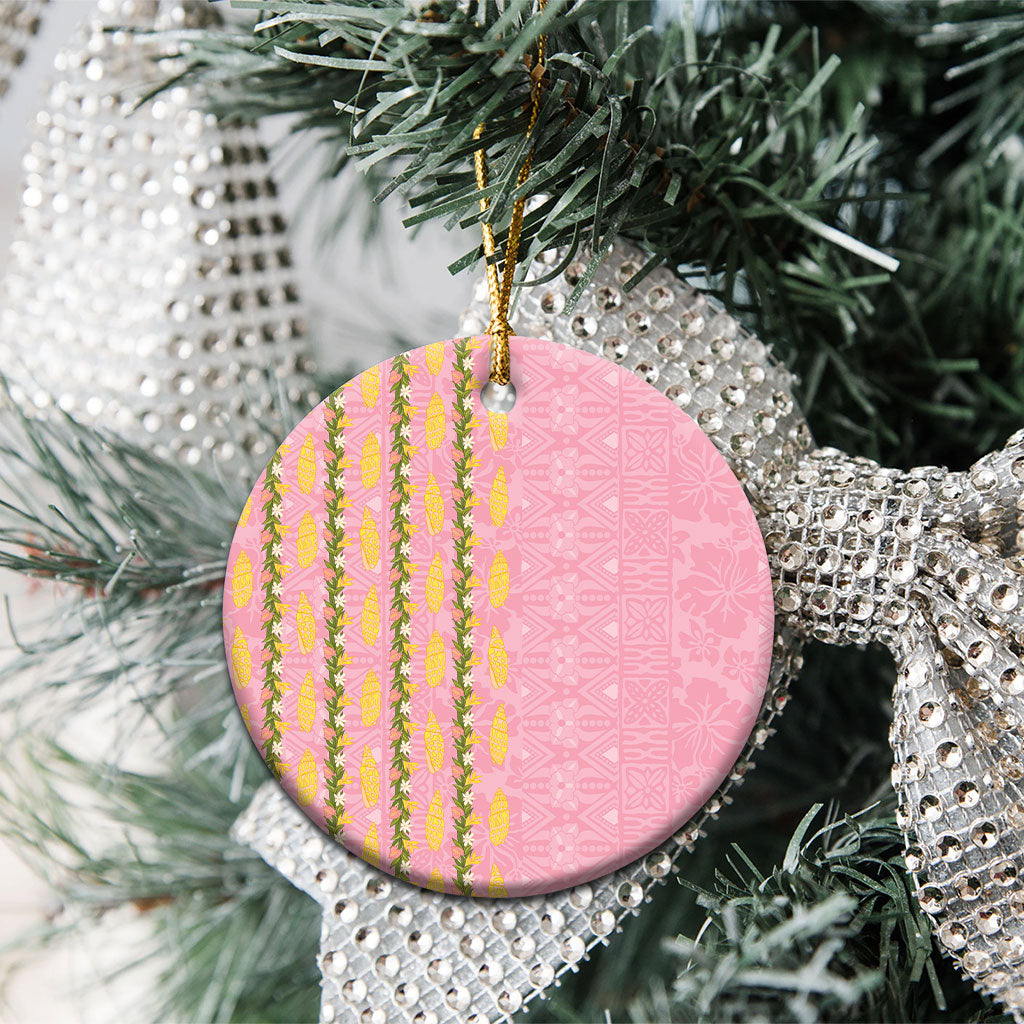 Hawaii Shell Tiare Anthurium Heliconia Lei Ceramic Ornament With Tapa Pattern Baby Pink