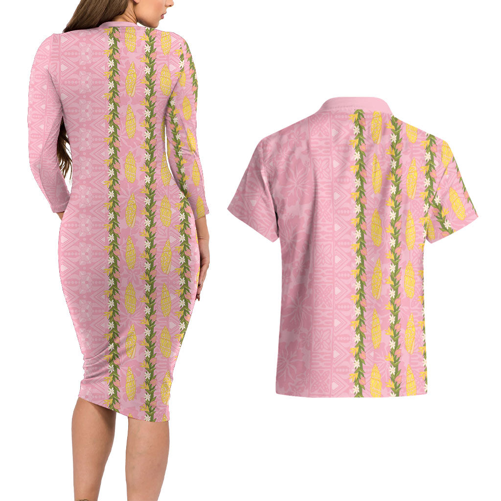 Hawaii Shell Tiare Anthurium Heliconia Lei Couples Matching Long Sleeve Bodycon Dress and Hawaiian Shirt With Tapa Pattern Baby Pink