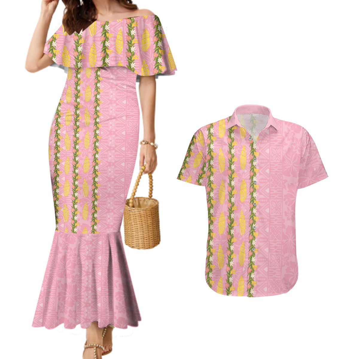 Hawaii Shell Tiare Anthurium Heliconia Lei Couples Matching Mermaid Dress and Hawaiian Shirt With Tapa Pattern Baby Pink LT05 Pink - Polynesian Pride