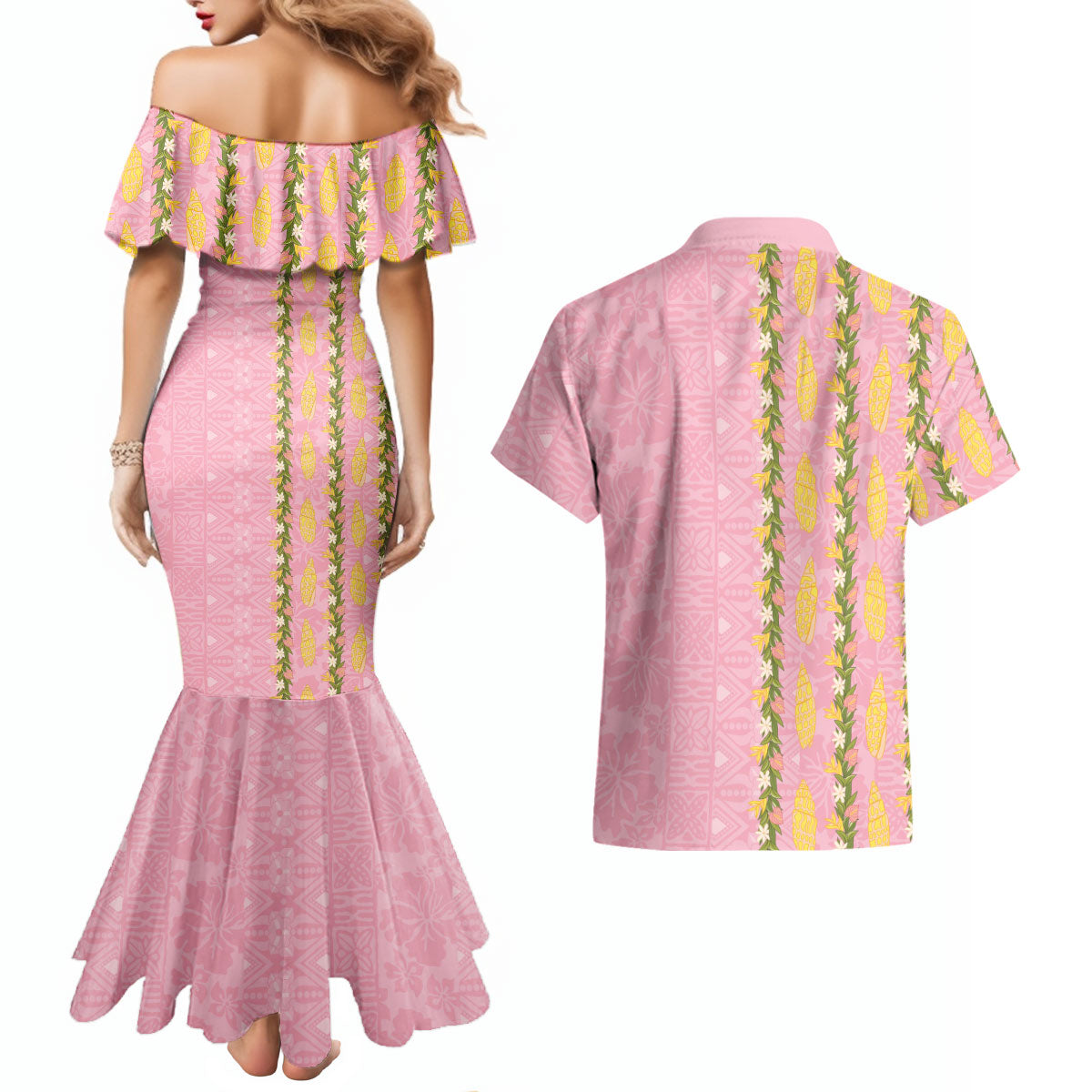 Hawaii Shell Tiare Anthurium Heliconia Lei Couples Matching Mermaid Dress and Hawaiian Shirt With Tapa Pattern Baby Pink