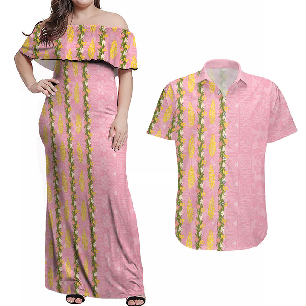 Hawaii Shell Tiare Anthurium Heliconia Lei Couples Matching Off Shoulder Maxi Dress and Hawaiian Shirt With Tapa Pattern Baby Pink LT05 Pink - Polynesian Pride