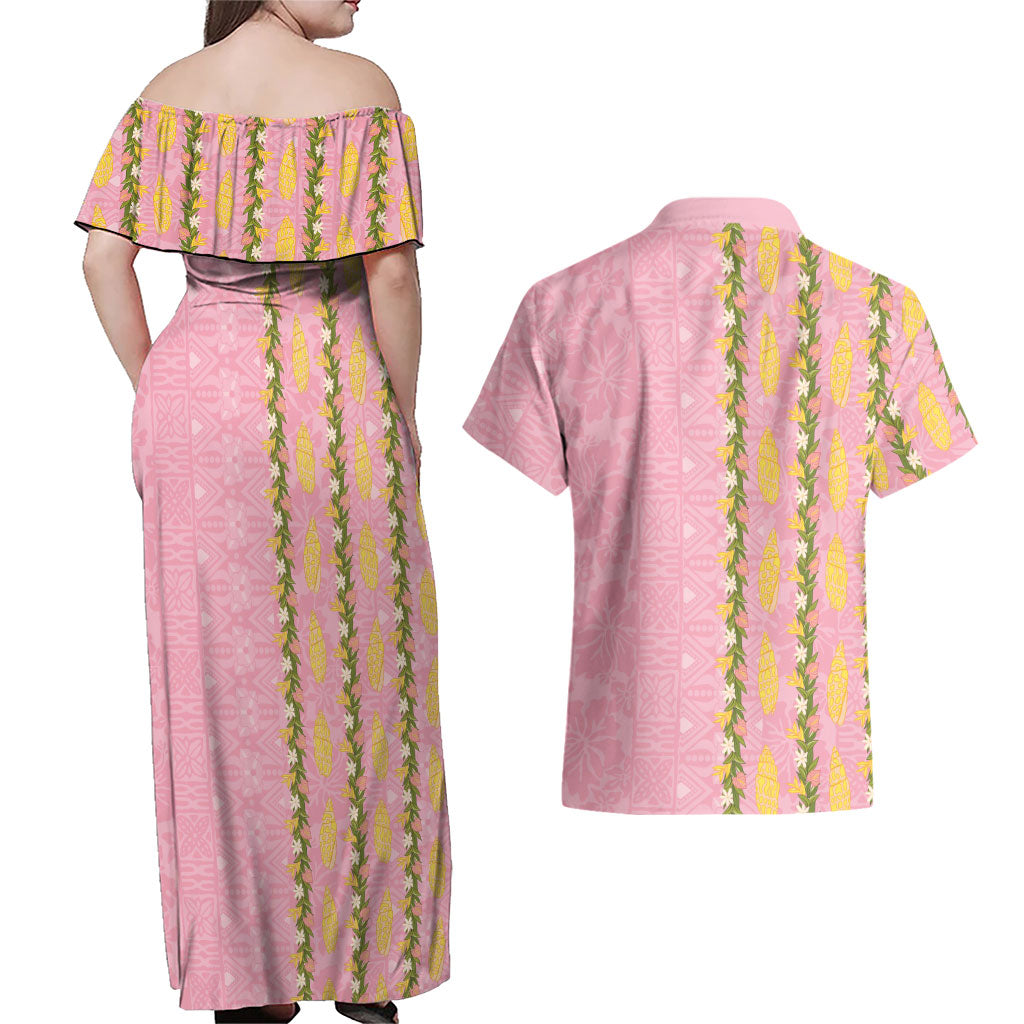 Hawaii Shell Tiare Anthurium Heliconia Lei Couples Matching Off Shoulder Maxi Dress and Hawaiian Shirt With Tapa Pattern Baby Pink
