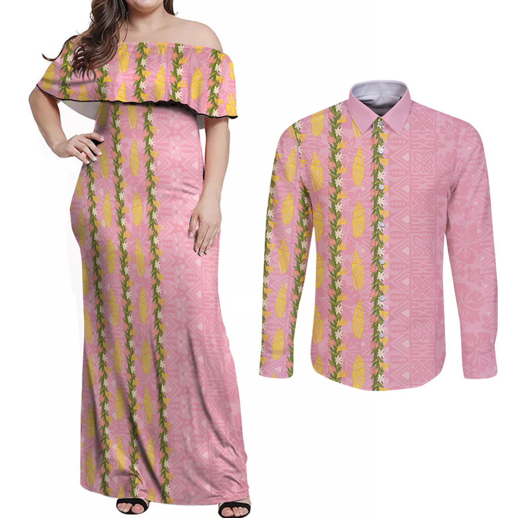 Hawaii Shell Tiare Anthurium Heliconia Lei Couples Matching Off Shoulder Maxi Dress and Long Sleeve Button Shirt With Tapa Pattern Baby Pink LT05 Pink - Polynesian Pride