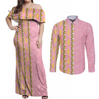 Hawaii Shell Tiare Anthurium Heliconia Lei Couples Matching Off Shoulder Maxi Dress and Long Sleeve Button Shirt With Tapa Pattern Baby Pink