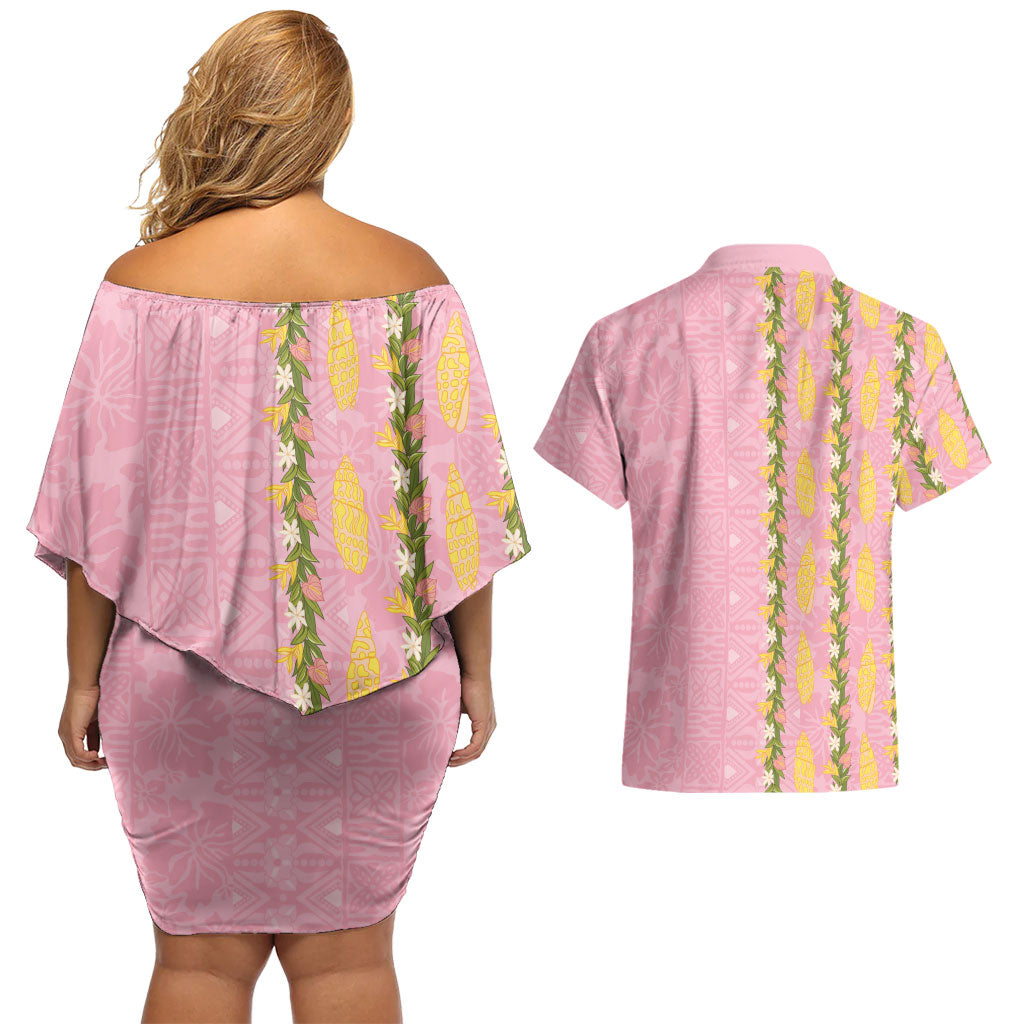 Hawaii Shell Tiare Anthurium Heliconia Lei Couples Matching Off Shoulder Short Dress and Hawaiian Shirt With Tapa Pattern Baby Pink