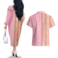 Hawaii Shell Tiare Anthurium Heliconia Lei Couples Matching Off The Shoulder Long Sleeve Dress and Hawaiian Shirt With Tapa Pattern Baby Pink
