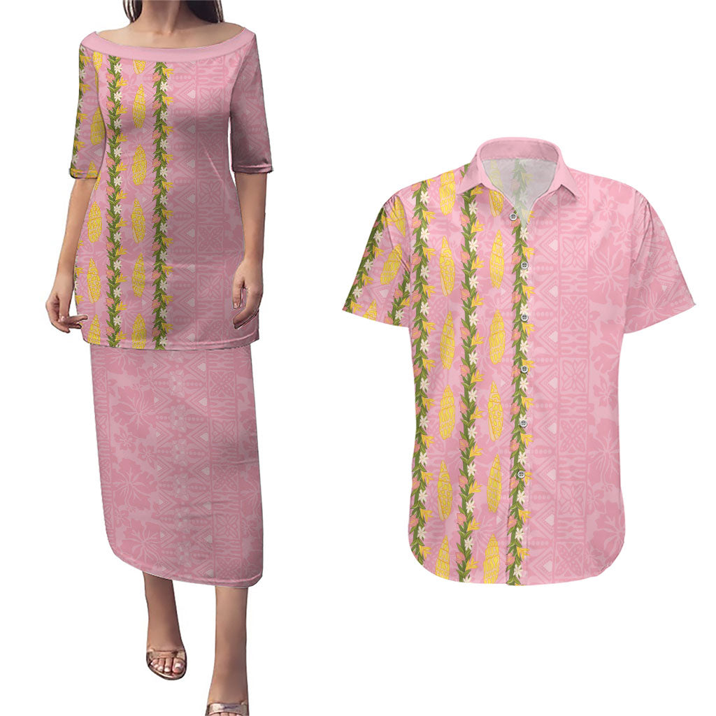 Hawaii Shell Tiare Anthurium Heliconia Lei Couples Matching Puletasi and Hawaiian Shirt With Tapa Pattern Baby Pink LT05 Pink - Polynesian Pride