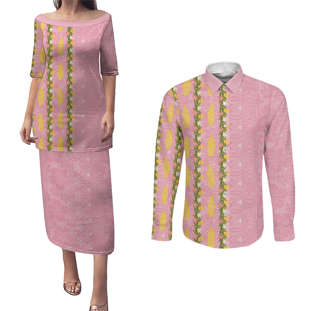 Hawaii Shell Tiare Anthurium Heliconia Lei Couples Matching Puletasi and Long Sleeve Button Shirt With Tapa Pattern Baby Pink LT05 Pink - Polynesian Pride