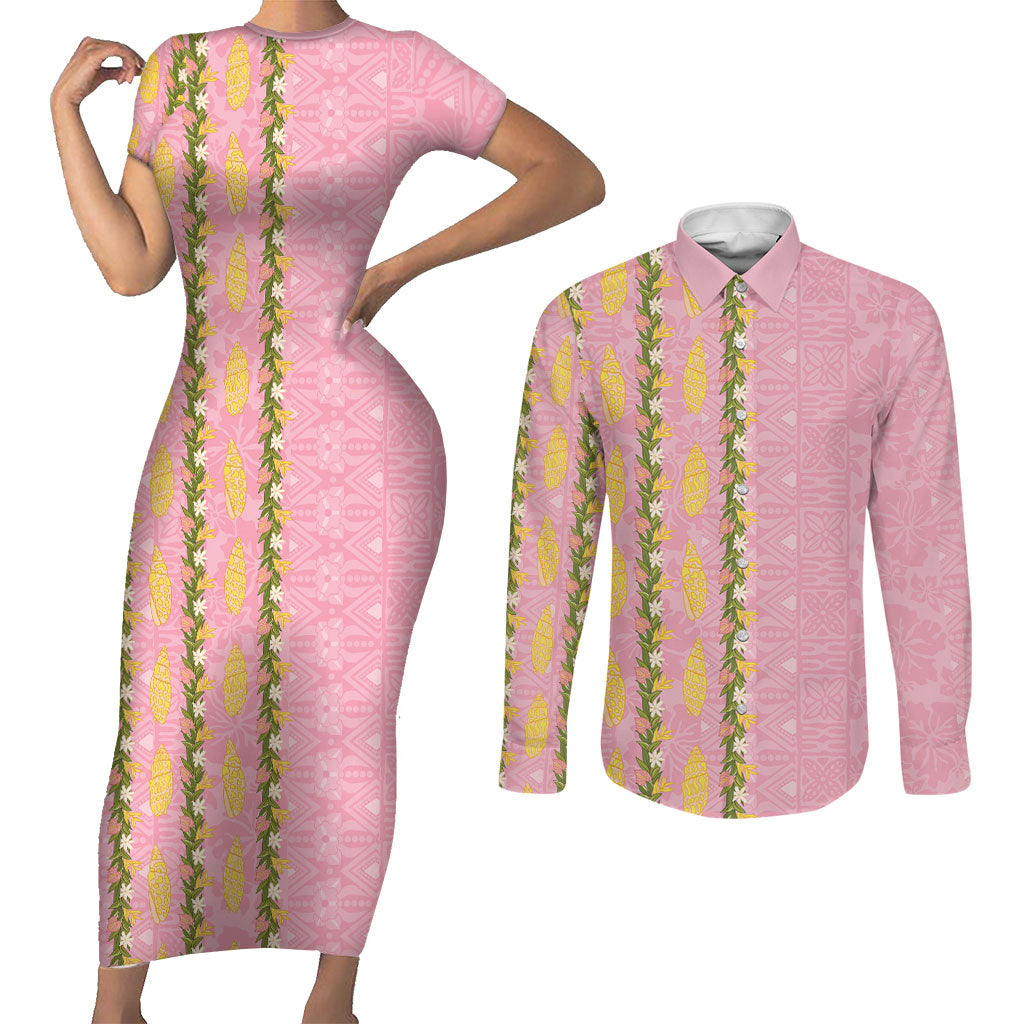 Hawaii Shell Tiare Anthurium Heliconia Lei Couples Matching Short Sleeve Bodycon Dress and Long Sleeve Button Shirt With Tapa Pattern Baby Pink LT05 Pink - Polynesian Pride