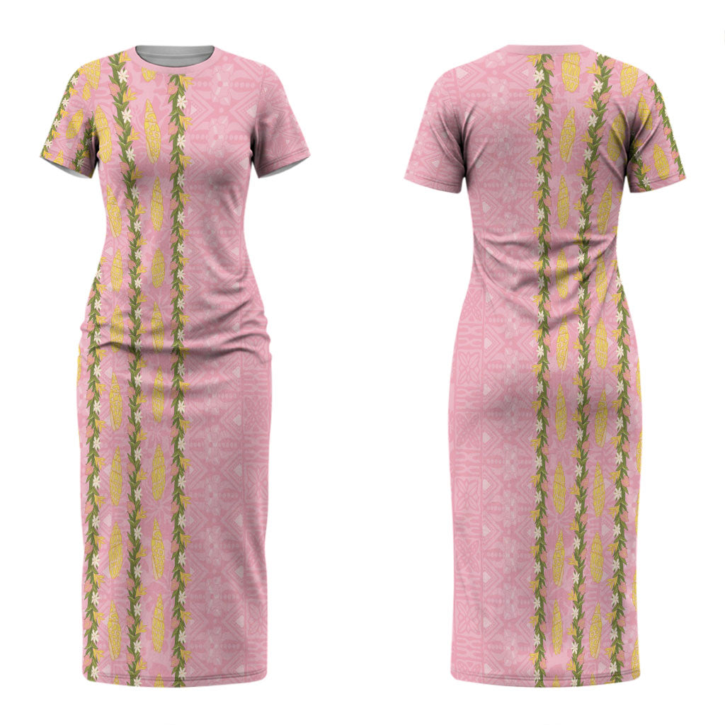 Hawaii Shell Tiare Anthurium Heliconia Lei Couples Matching Short Sleeve Bodycon Dress and Long Sleeve Button Shirt With Tapa Pattern Baby Pink LT05 - Polynesian Pride