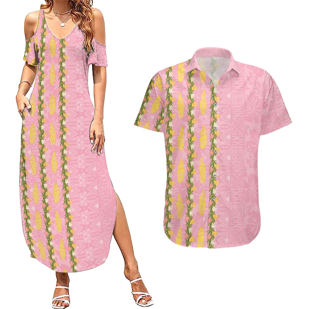 Hawaii Shell Tiare Anthurium Heliconia Lei Couples Matching Summer Maxi Dress and Hawaiian Shirt With Tapa Pattern Baby Pink LT05 Pink - Polynesian Pride