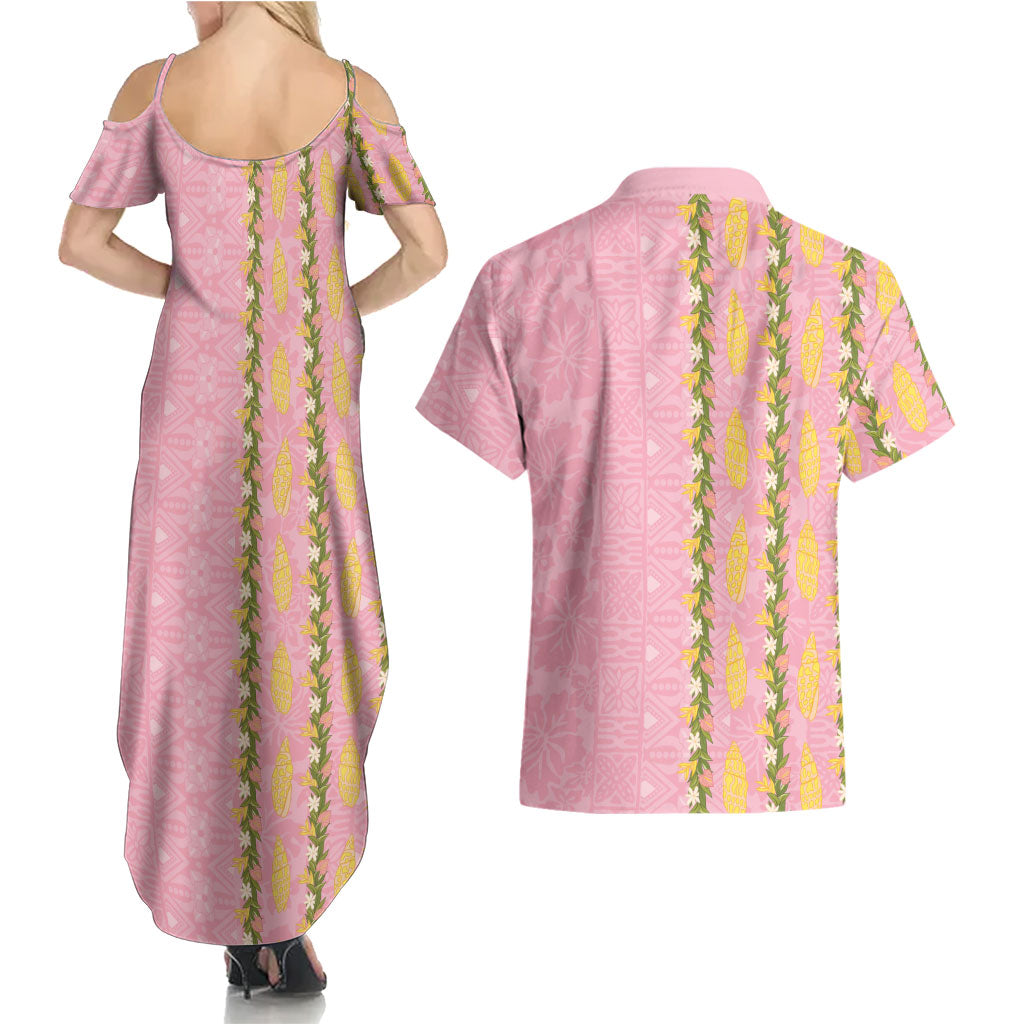 Hawaii Shell Tiare Anthurium Heliconia Lei Couples Matching Summer Maxi Dress and Hawaiian Shirt With Tapa Pattern Baby Pink
