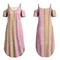 Hawaii Shell Tiare Anthurium Heliconia Lei Couples Matching Summer Maxi Dress and Long Sleeve Button Shirt With Tapa Pattern Baby Pink LT05 - Polynesian Pride