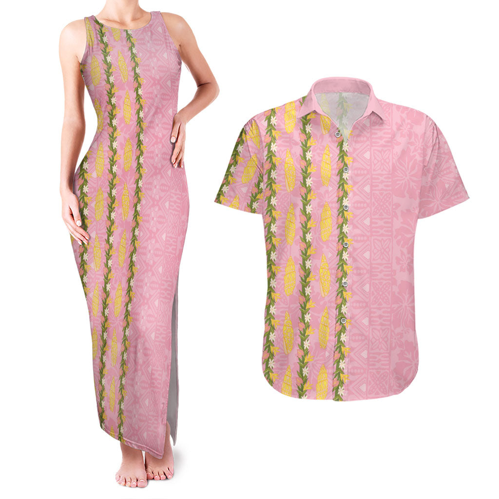 Hawaii Shell Tiare Anthurium Heliconia Lei Couples Matching Tank Maxi Dress and Hawaiian Shirt With Tapa Pattern Baby Pink LT05 Pink - Polynesian Pride