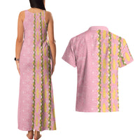 Hawaii Shell Tiare Anthurium Heliconia Lei Couples Matching Tank Maxi Dress and Hawaiian Shirt With Tapa Pattern Baby Pink