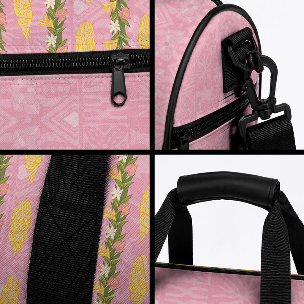 Hawaii Shell Tiare Anthurium Heliconia Lei Duffle Bag With Tapa Pattern Baby Pink LT05 - Polynesian Pride