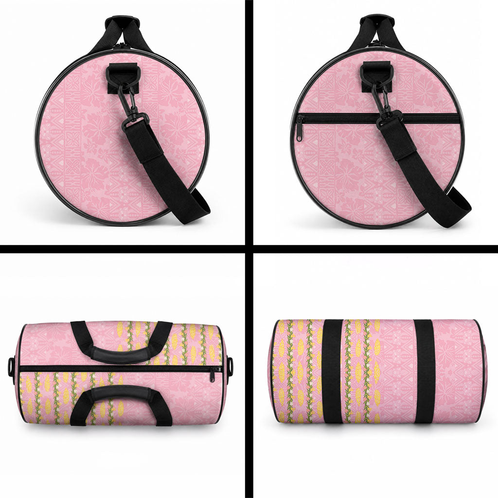 Hawaii Shell Tiare Anthurium Heliconia Lei Duffle Bag With Tapa Pattern Baby Pink LT05 - Polynesian Pride