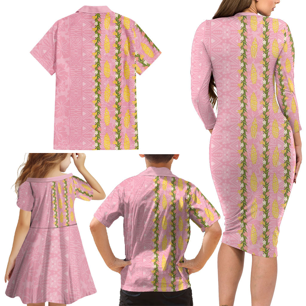 Hawaii Shell Tiare Anthurium Heliconia Lei Family Matching Long Sleeve Bodycon Dress and Hawaiian Shirt With Tapa Pattern Baby Pink