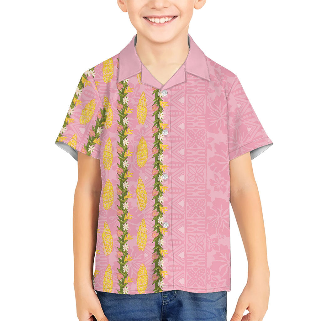 Hawaii Shell Tiare Anthurium Heliconia Lei Family Matching Mermaid Dress and Hawaiian Shirt With Tapa Pattern Baby Pink