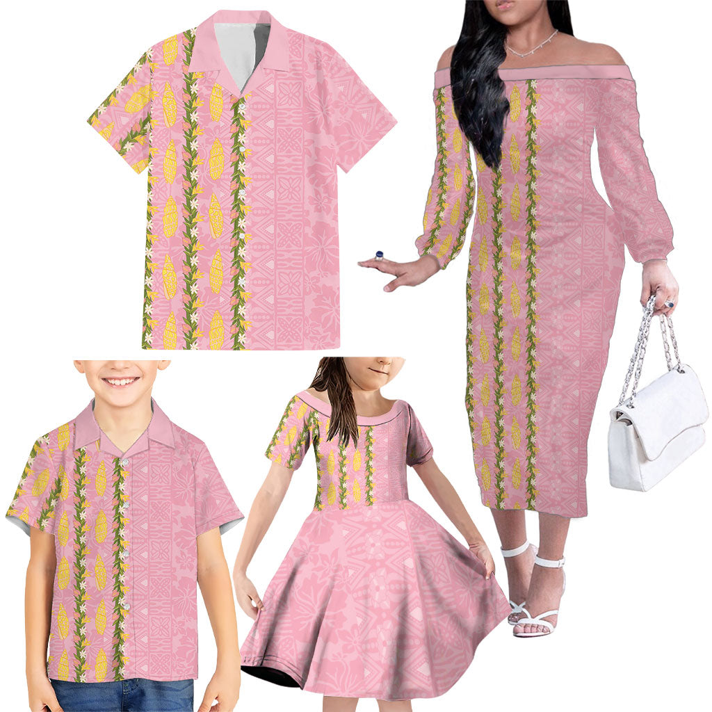 Hawaii Shell Tiare Anthurium Heliconia Lei Family Matching Off The Shoulder Long Sleeve Dress and Hawaiian Shirt With Tapa Pattern Baby Pink LT05 - Polynesian Pride