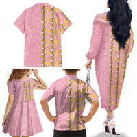 Hawaii Shell Tiare Anthurium Heliconia Lei Family Matching Off The Shoulder Long Sleeve Dress and Hawaiian Shirt With Tapa Pattern Baby Pink LT05 - Polynesian Pride