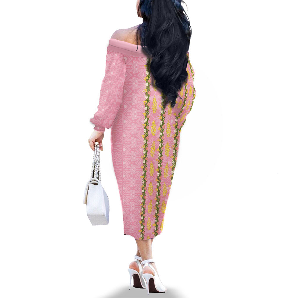 Hawaii Shell Tiare Anthurium Heliconia Lei Family Matching Off The Shoulder Long Sleeve Dress and Hawaiian Shirt With Tapa Pattern Baby Pink LT05 - Polynesian Pride