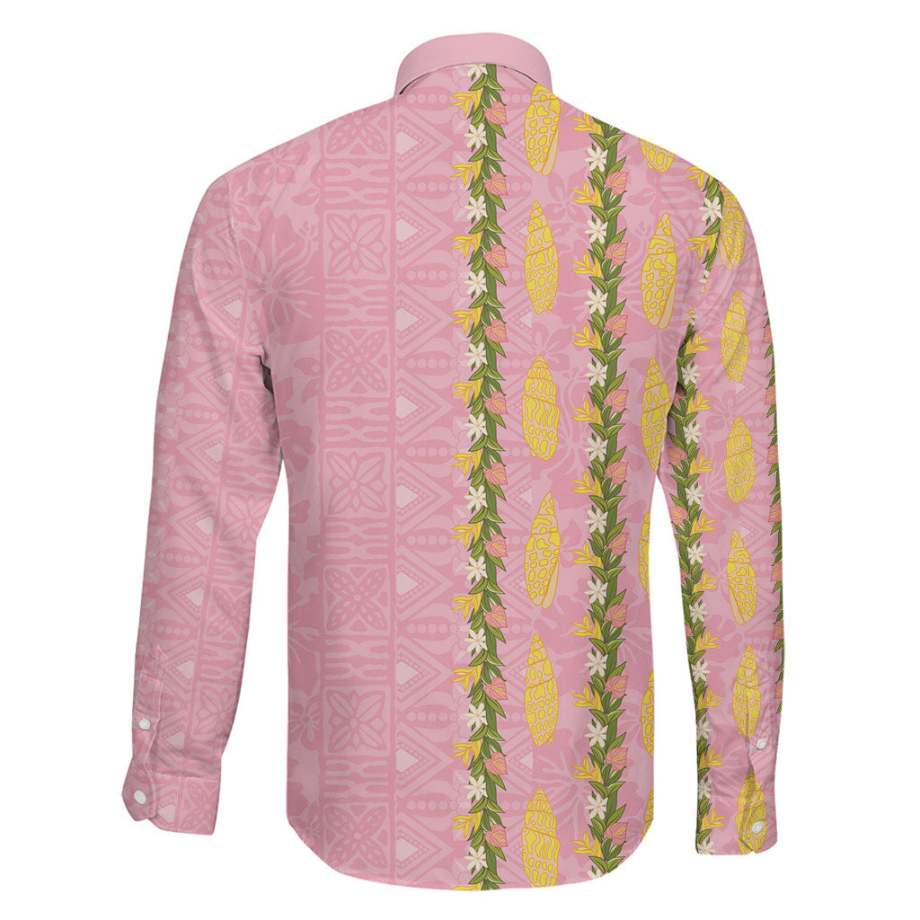 Hawaii Shell Tiare Anthurium Heliconia Lei Family Matching Off Shoulder Maxi Dress and Hawaiian Shirt With Tapa Pattern Baby Pink