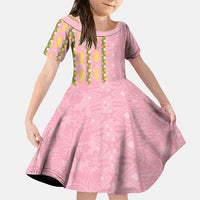 Hawaii Shell Tiare Anthurium Heliconia Lei Family Matching Off Shoulder Short Dress and Hawaiian Shirt With Tapa Pattern Baby Pink