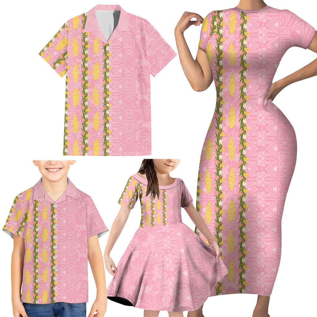 Hawaii Shell Tiare Anthurium Heliconia Lei Family Matching Short Sleeve Bodycon Dress and Hawaiian Shirt With Tapa Pattern Baby Pink LT05 - Polynesian Pride