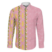 Hawaii Shell Tiare Anthurium Heliconia Lei Family Matching Short Sleeve Bodycon Dress and Hawaiian Shirt With Tapa Pattern Baby Pink