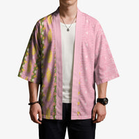 Hawaii Shell Tiare Anthurium Heliconia Lei Kimono With Tapa Pattern Baby Pink