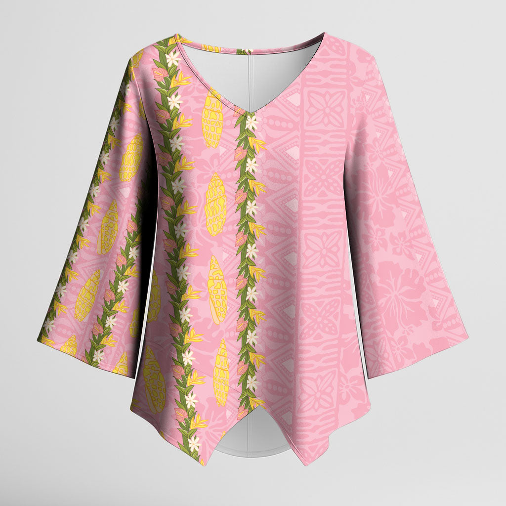 Hawaii Shell Tiare Anthurium Heliconia Lei Kimono Sleeve Blouse With Tapa Pattern Baby Pink LT05 Female Pink - Polynesian Pride