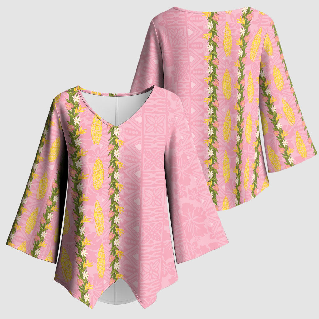 Hawaii Shell Tiare Anthurium Heliconia Lei Kimono Sleeve Blouse With Tapa Pattern Baby Pink