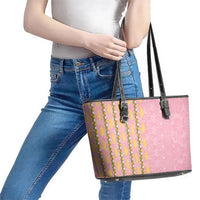 Hawaii Shell Tiare Anthurium Heliconia Lei Leather Tote Bag With Tapa Pattern Baby Pink