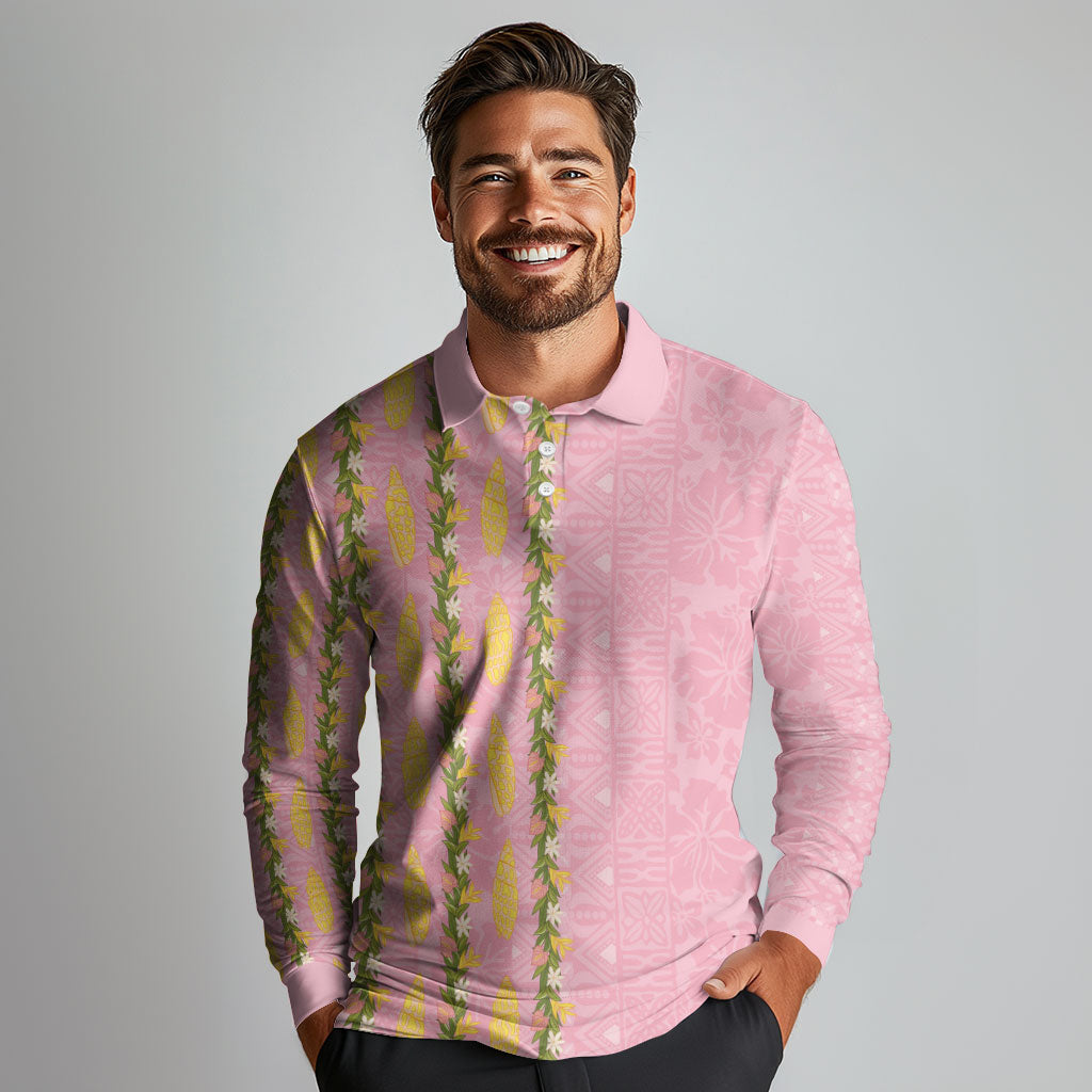 Hawaii Shell Tiare Anthurium Heliconia Lei Long Sleeve Polo Shirt With Tapa Pattern Baby Pink