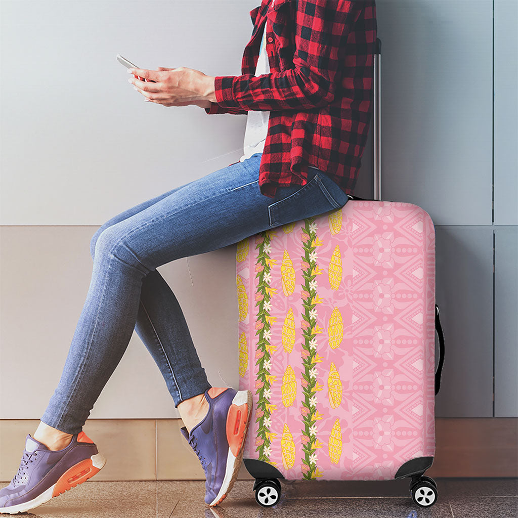 Hawaii Shell Tiare Anthurium Heliconia Lei Luggage Cover With Tapa Pattern Baby Pink