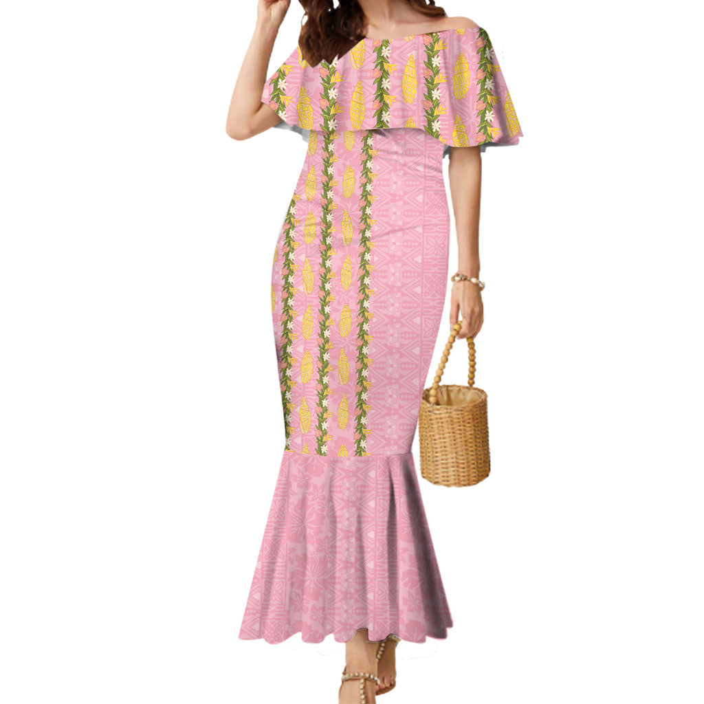 Hawaii Shell Tiare Anthurium Heliconia Lei Mermaid Dress With Tapa Pattern Baby Pink LT05 Women Pink - Polynesian Pride