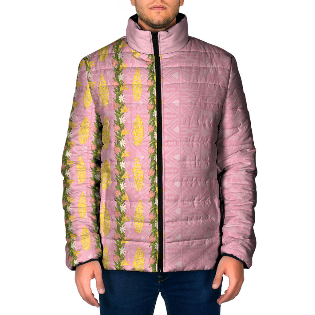 Hawaii Shell Tiare Anthurium Heliconia Lei Padded Jacket With Tapa Pattern Baby Pink