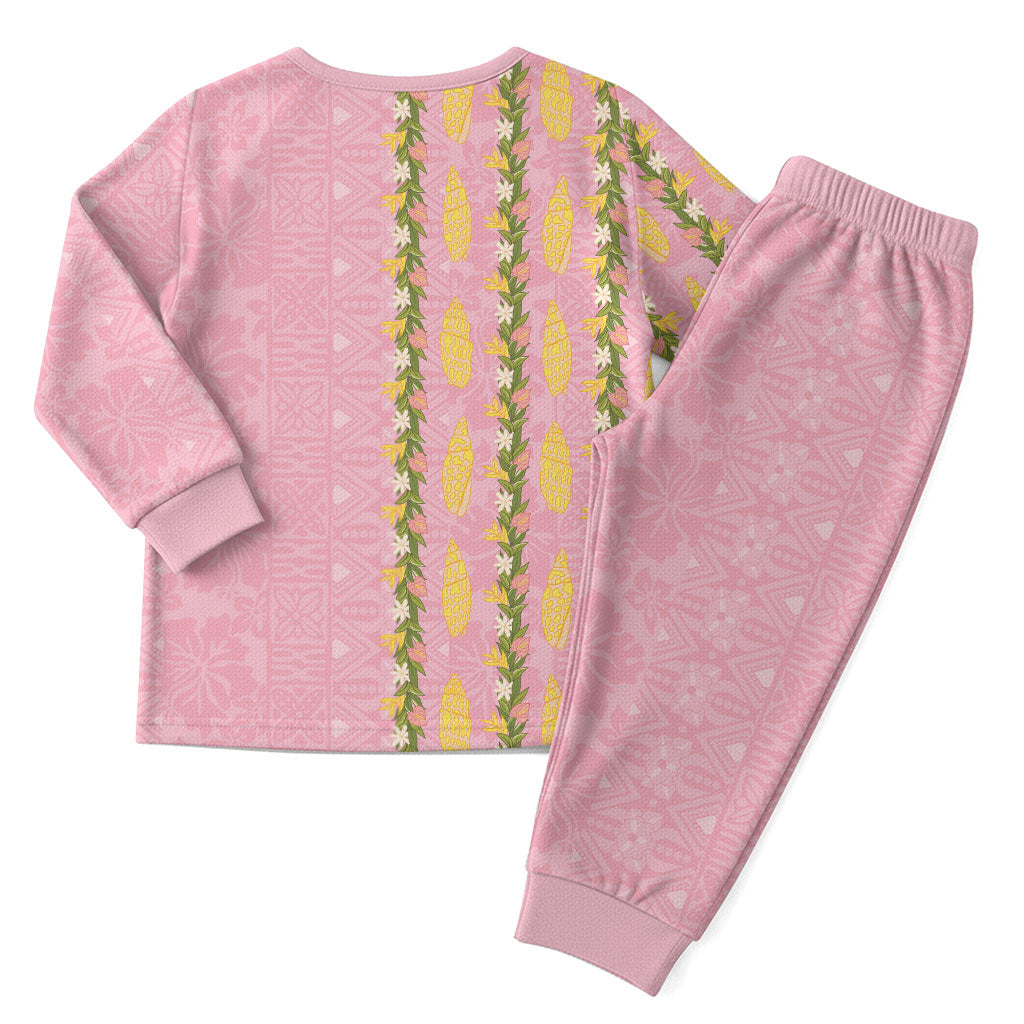 Hawaii Shell Tiare Anthurium Heliconia Lei Christmas Pajama Set With Tapa Pattern Baby Pink LT05 - Polynesian Pride
