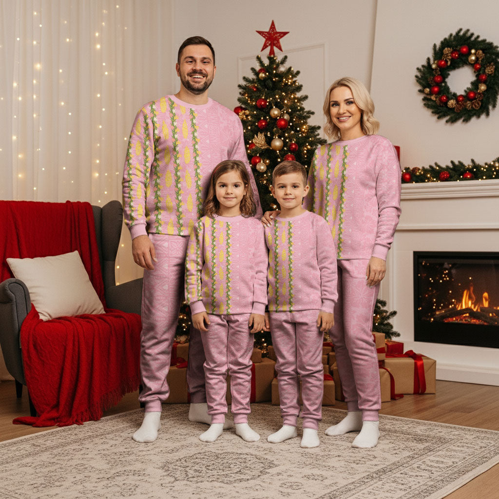 Hawaii Shell Tiare Anthurium Heliconia Lei Christmas Pajama Set With Tapa Pattern Baby Pink LT05 - Polynesian Pride