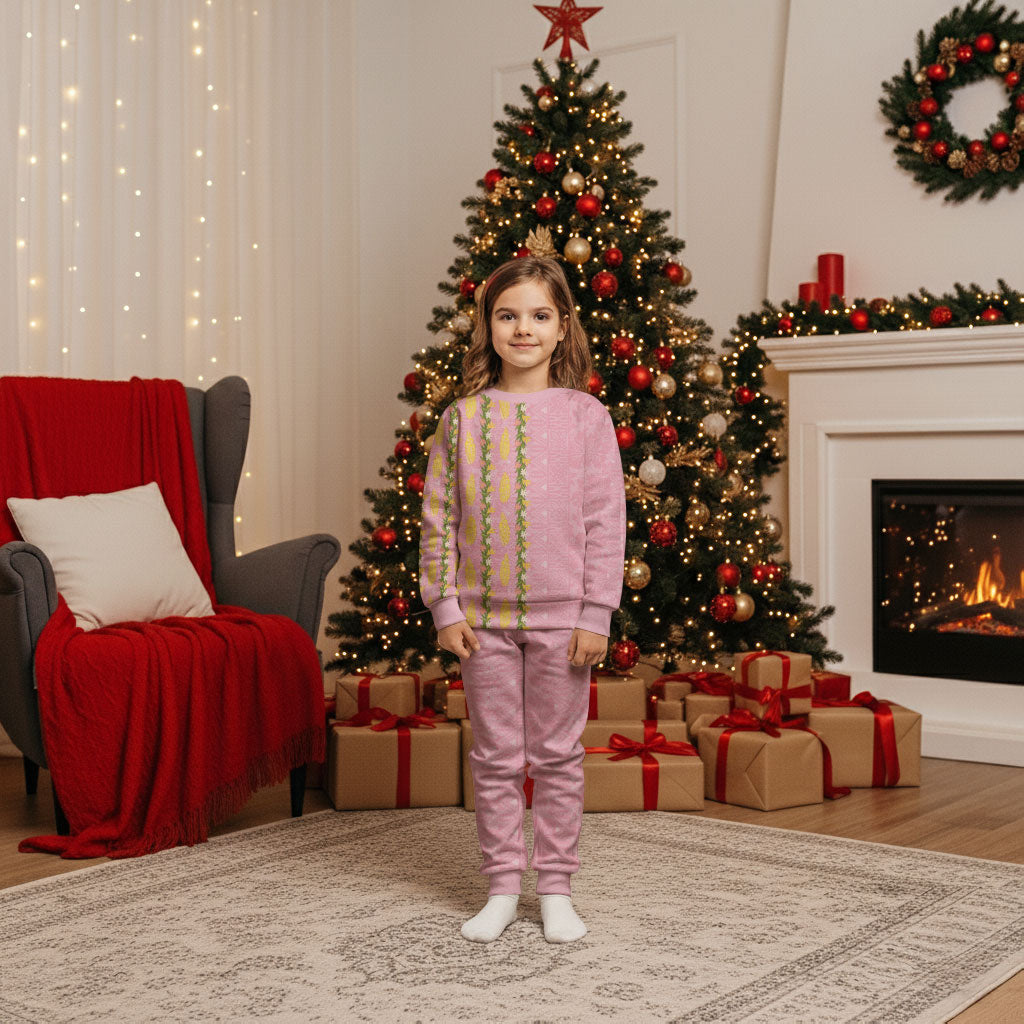 Hawaii Shell Tiare Anthurium Heliconia Lei Christmas Pajama Set With Tapa Pattern Baby Pink LT05 Kid Pink - Polynesian Pride
