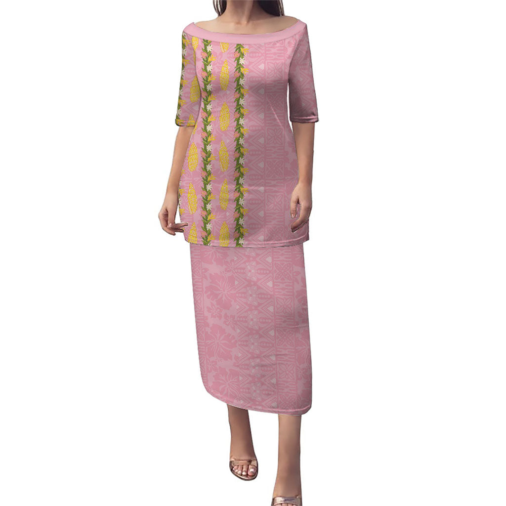 Hawaii Shell Tiare Anthurium Heliconia Lei Puletasi With Tapa Pattern Baby Pink LT05 Long Dress Pink - Polynesian Pride
