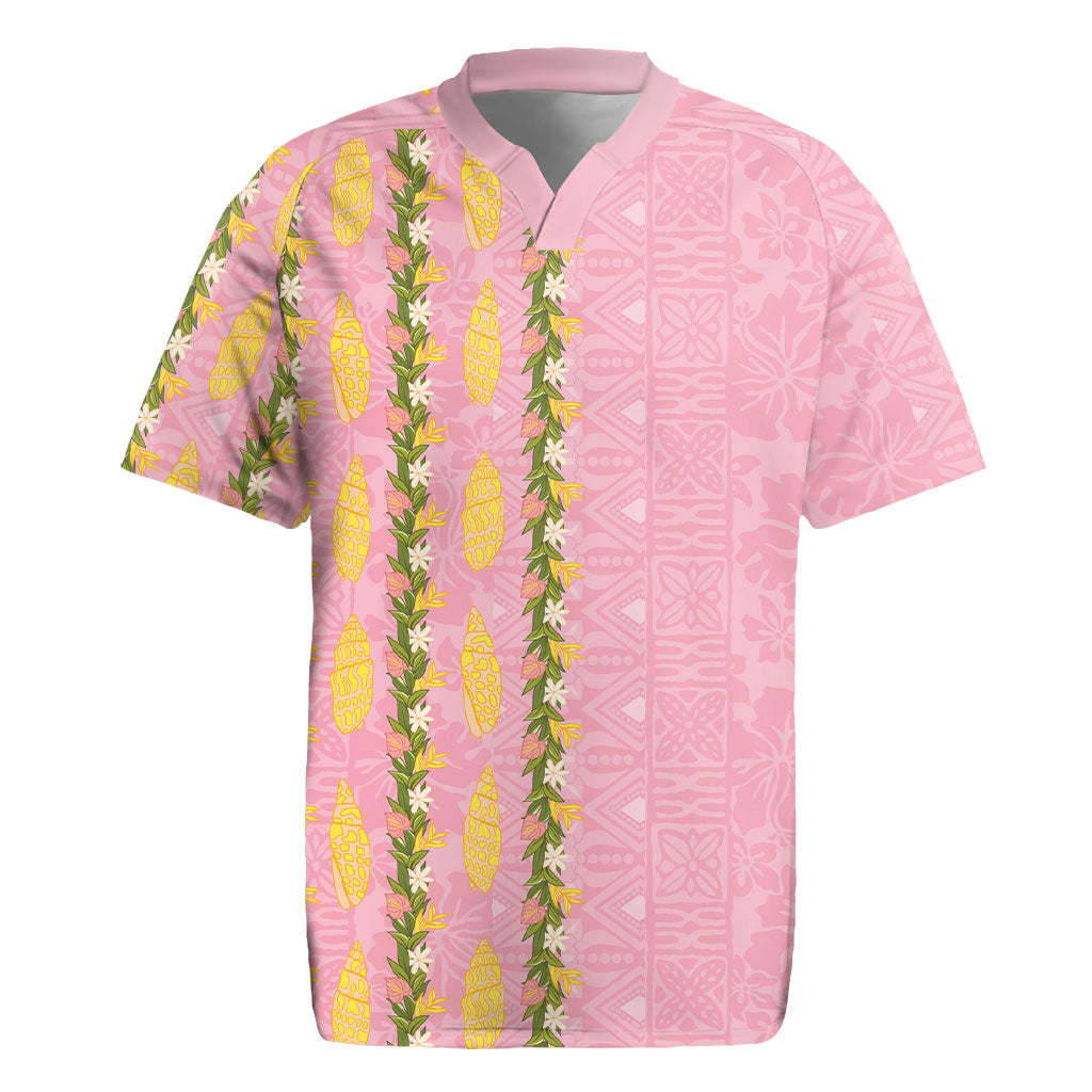 Hawaii Shell Tiare Anthurium Heliconia Lei Rugby Jersey With Tapa Pattern Baby Pink LT05 Pink - Polynesian Pride