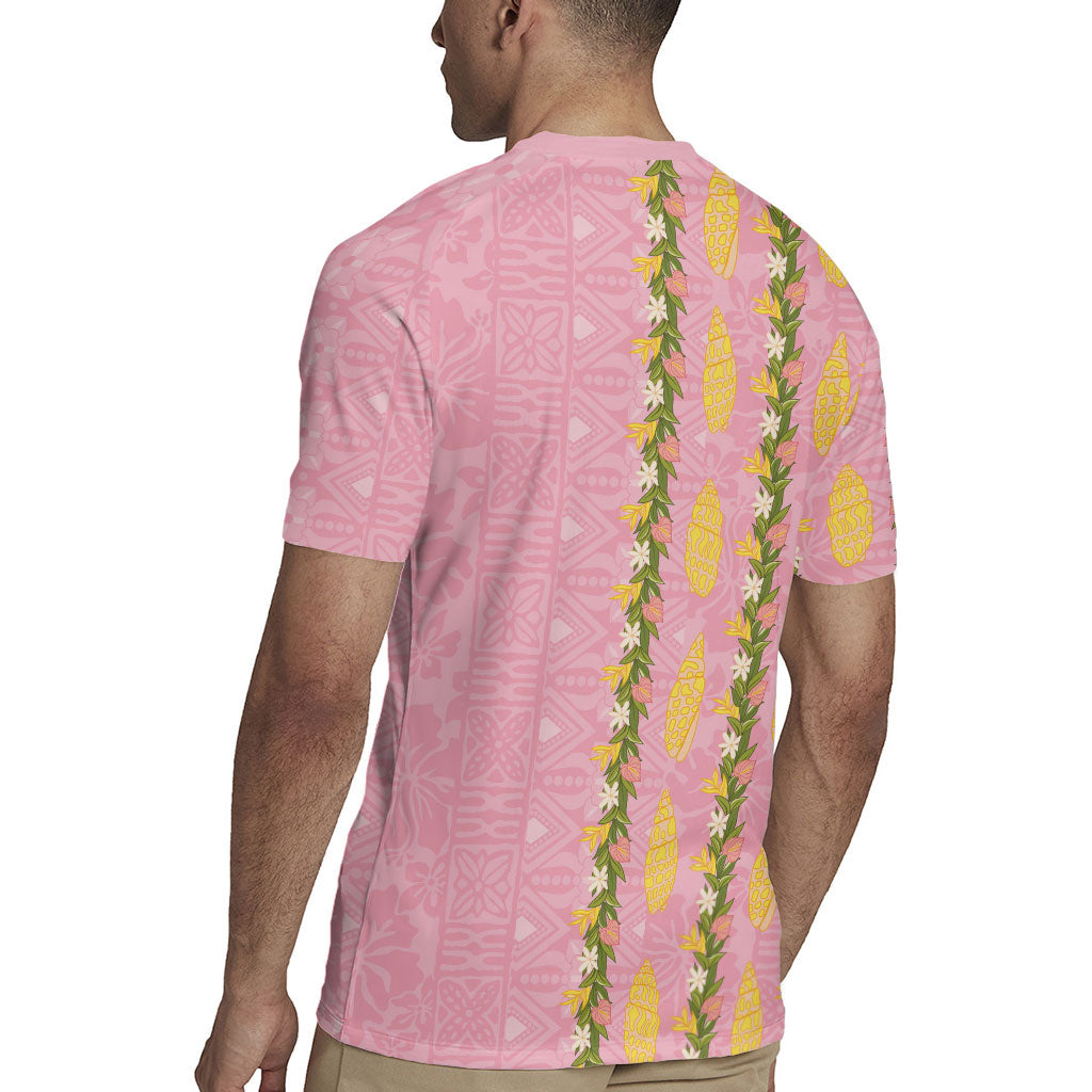 Hawaii Shell Tiare Anthurium Heliconia Lei Rugby Jersey With Tapa Pattern Baby Pink