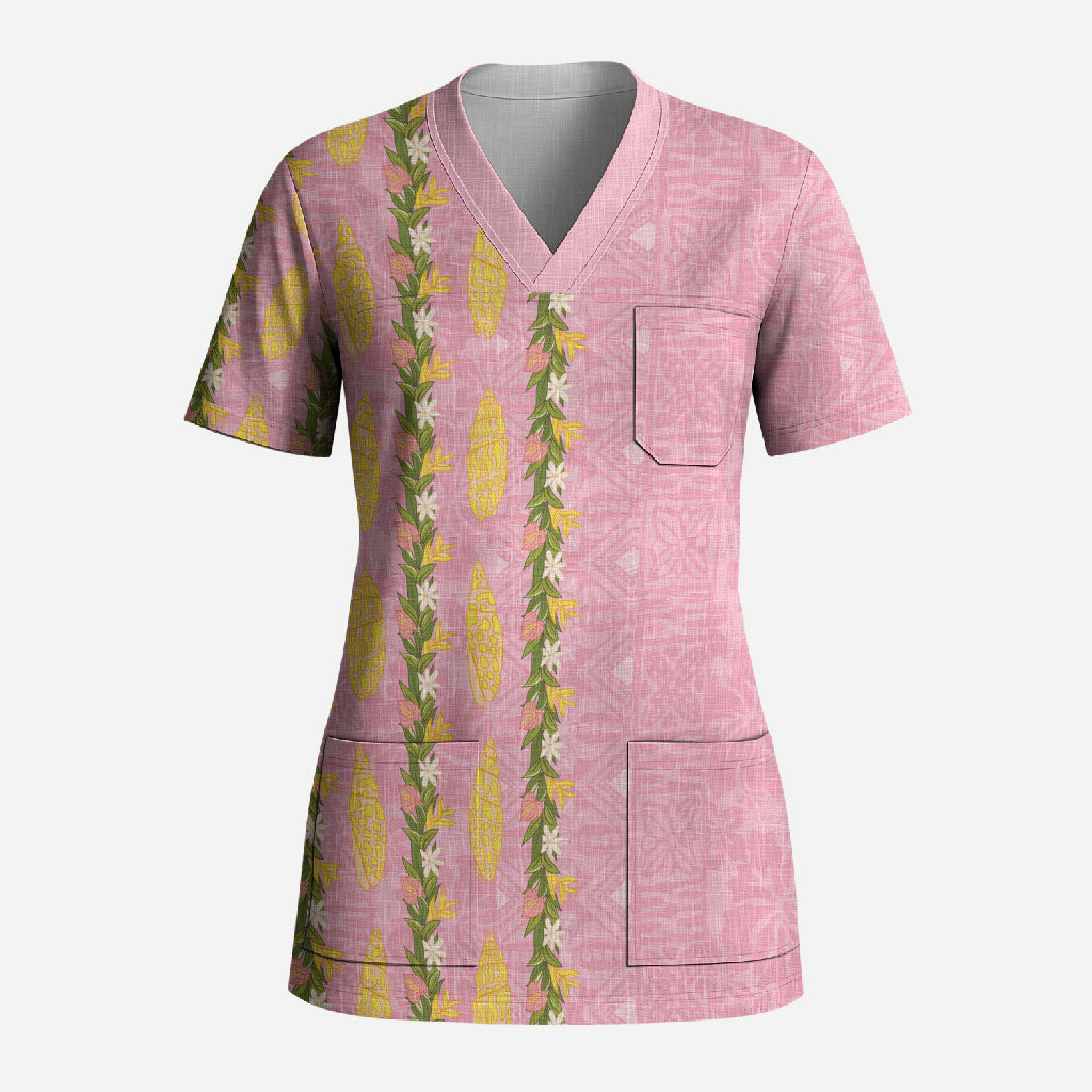 Hawaii Shell Tiare Anthurium Heliconia Lei Scrub Top With Tapa Pattern Baby Pink LT05 Adult Pink - Polynesian Pride